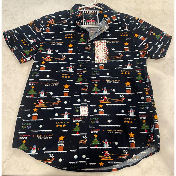 NEW Denim & Flower Men's S Button Down Shirt Holiday Christmas Gaming Short Slv - Picture 1 of 10